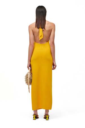 simon miller junjo dress orange Simon Miller Junjo Halter Orange Maxi Dress Tie High Slit Vacation L *flaw
