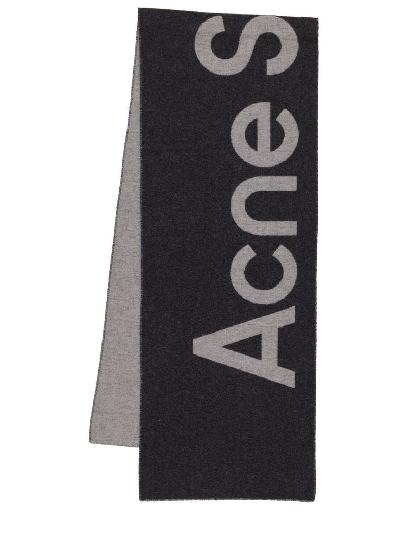 Acne Studios Toronty Contrast Logo Wool Blend Scarf - Grey/Beige