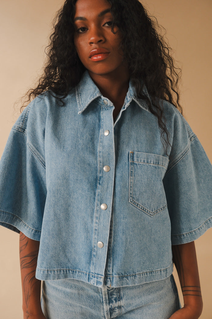 エーゴールドイー Rona Box Shirt デニムシャツ スナップボタン S AGOLDE Blue Rona Box Denim Shirt AGOLDE