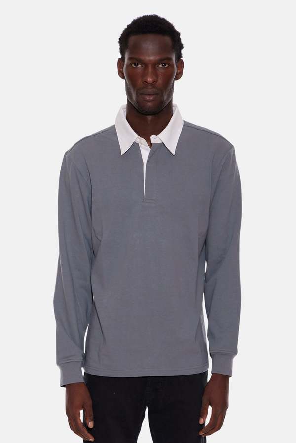 Blue&Cream Solid Rugby - Grey/White Collar