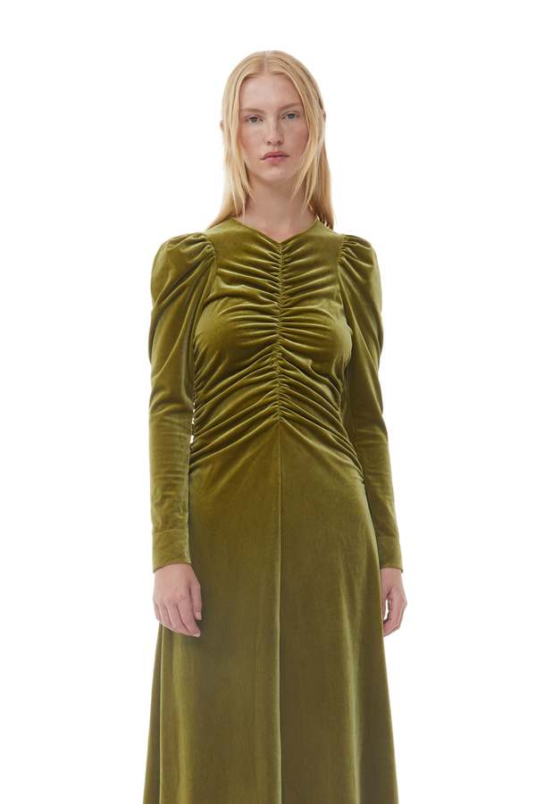 ganni velvet jersey dress Gathered Long - Avocado Ivory Blue Print