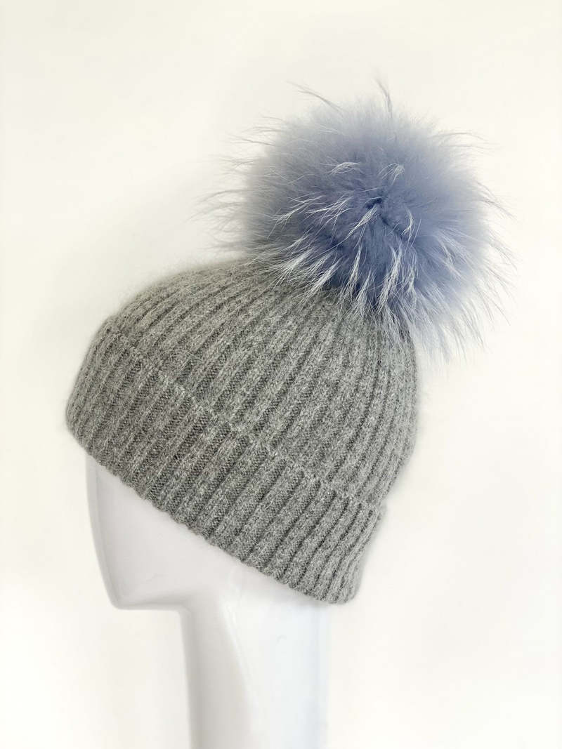 NEW LINDA RICHARDS women\'s knit pom pom hat in grey blue mist Linda Richards Ribbed Pom Hat – The Good Day main image 4