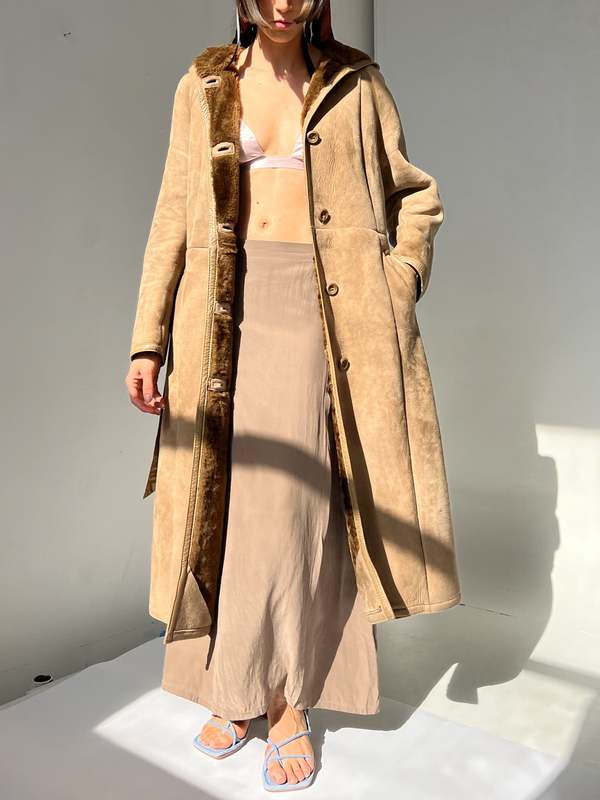 Vintage Suede Maxi Shearling Coat - Sandstone | Garmentory