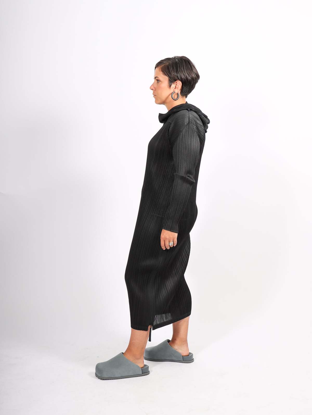 Monthly Colors September Hooded Dress in Black by Pleats Please 