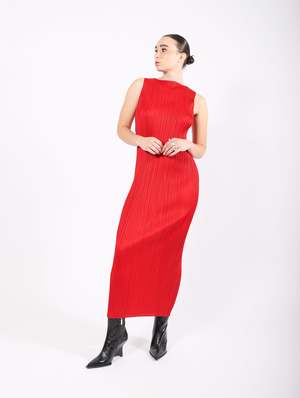pleats please red dress Issey Miyake 2000's Pliss Cherry Red Scoop Neck Dress