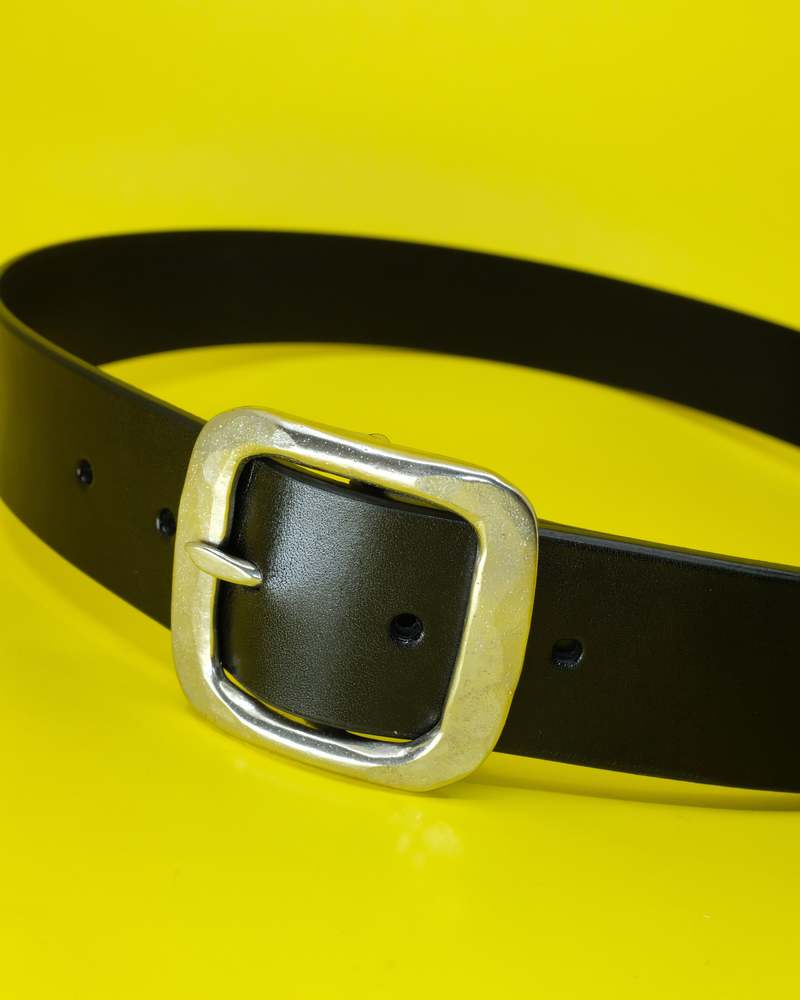 The Letters Cow Hide Leather Hammered Buckle Belt - Black | Garmentory