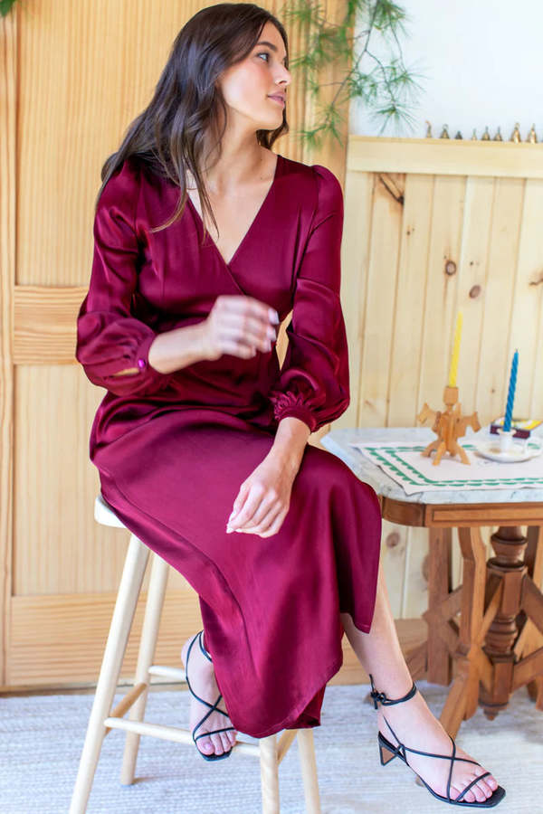 Emerson Fry Bishop Sleeve Dress - Cabernet Satin | Garmentory