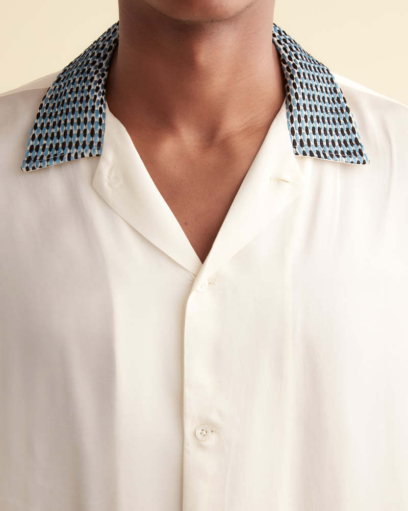 BODE Sellier Short Sleeve Shirt - Cream Blue | Garmentory