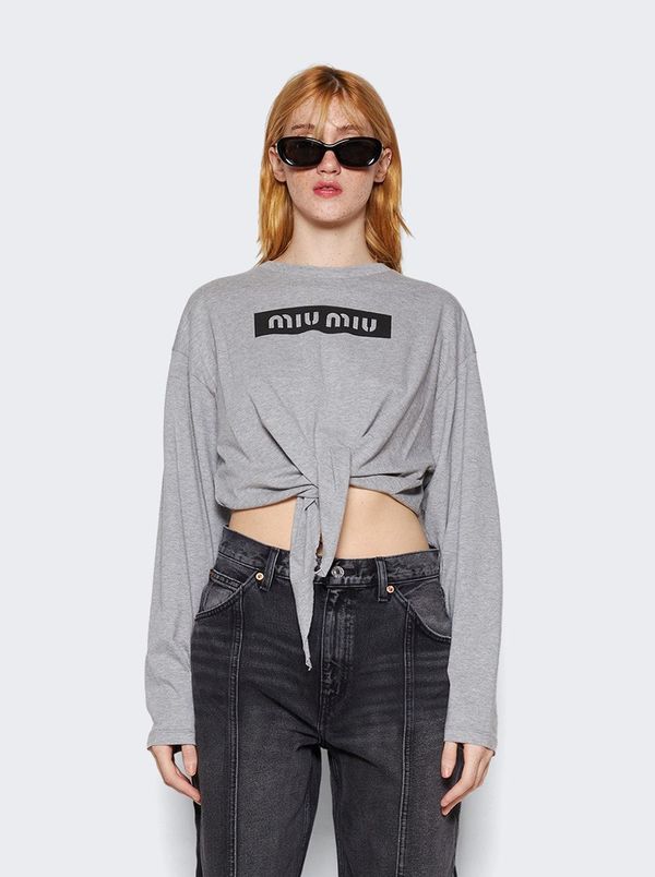 MIU MIU Printed Cotton Long Sleeve T-shirt - Grey | Garmentory