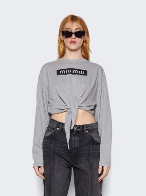 MIU MIU Printed Cotton Long Sleeve T-shirt - Grey | Garmentory