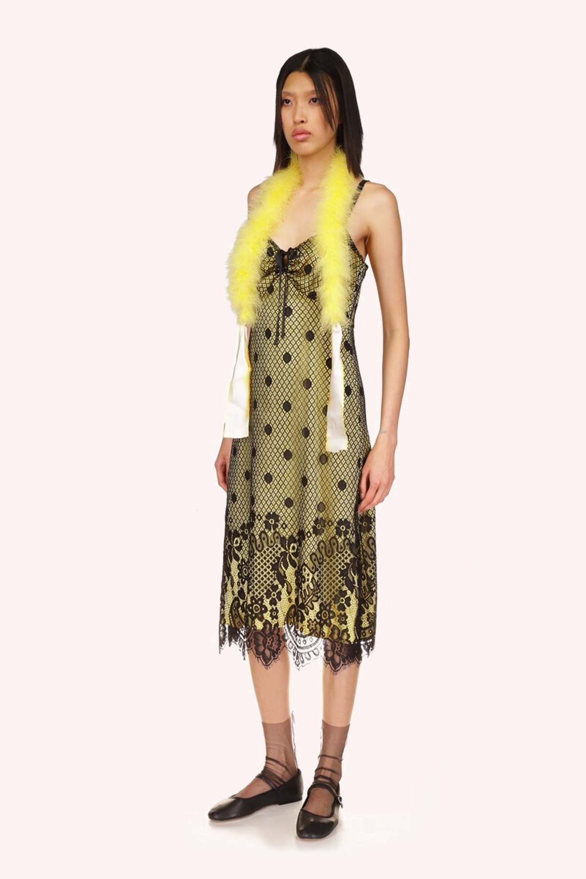 Anna Sui Washed Satin With Lace Dress - Canary Yellow/Black | Garmentory
