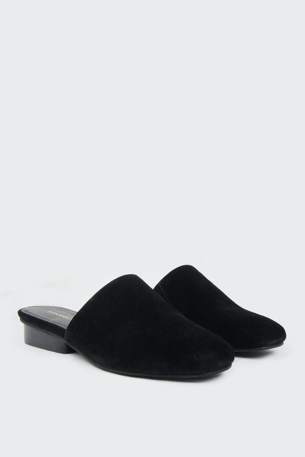 black suede flat mules
