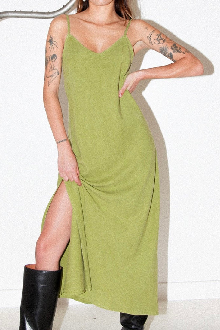 moss green slip dress Tea-Length Wedding-Guest Slip Dress main image 0