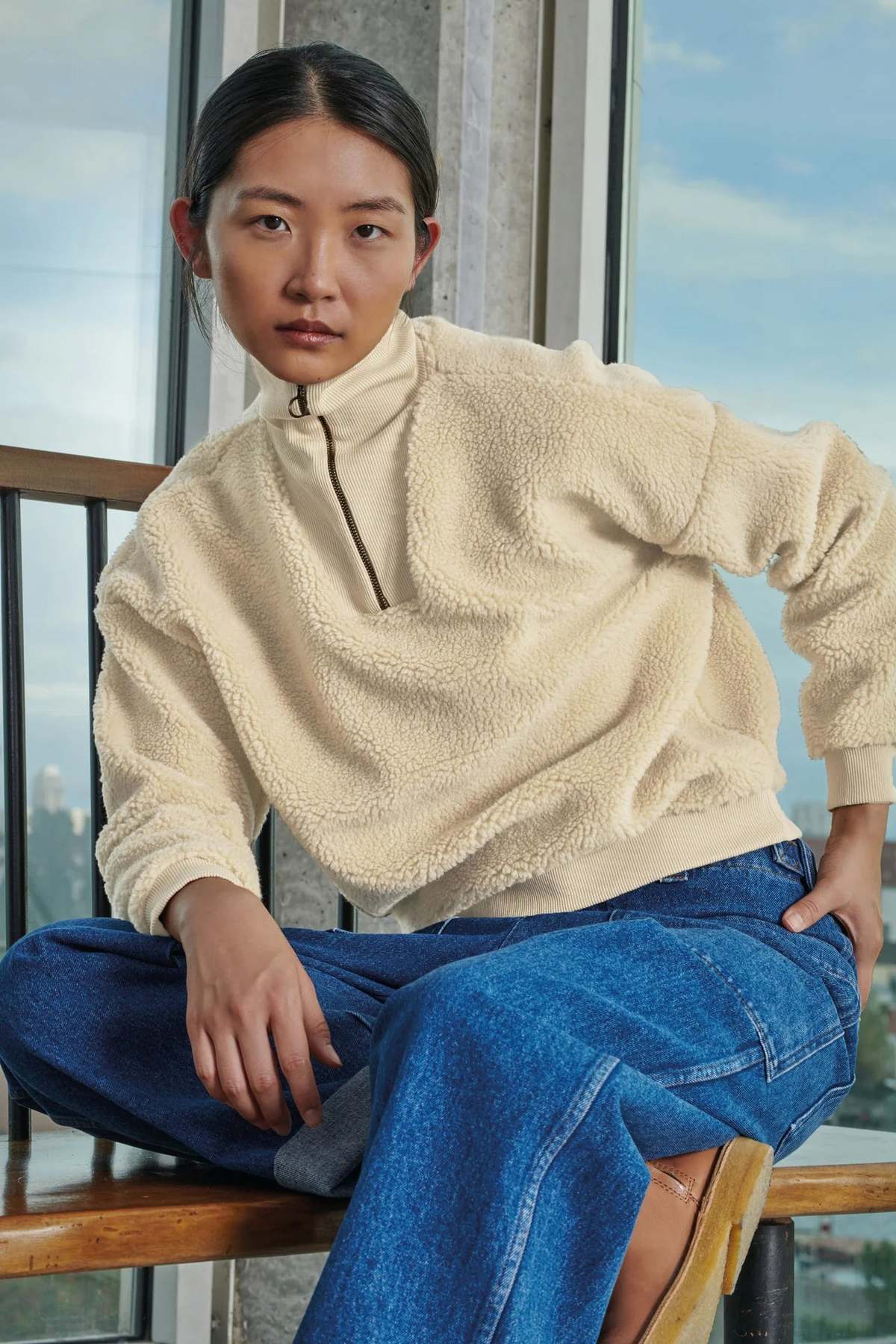 Soeur Camargue Sherpa Zip Pullover Ecru