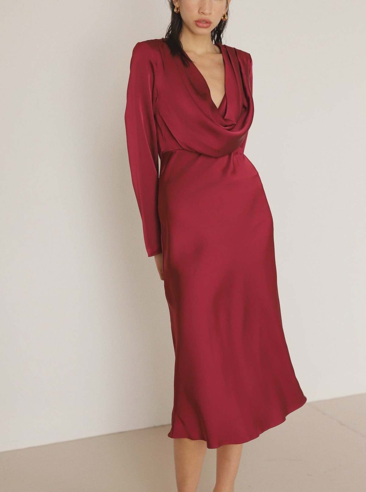 Giselle Wine Satin Long Sleeve Midi Dress | Garmentory