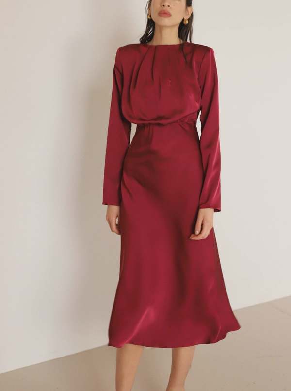 fitted lace wedding dress Women's Style Essence Long Sleeve Midi Dress in Burgundy Red main image 1