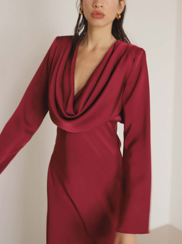 Giselle Wine Satin Long Sleeve Midi Dress | Garmentory
