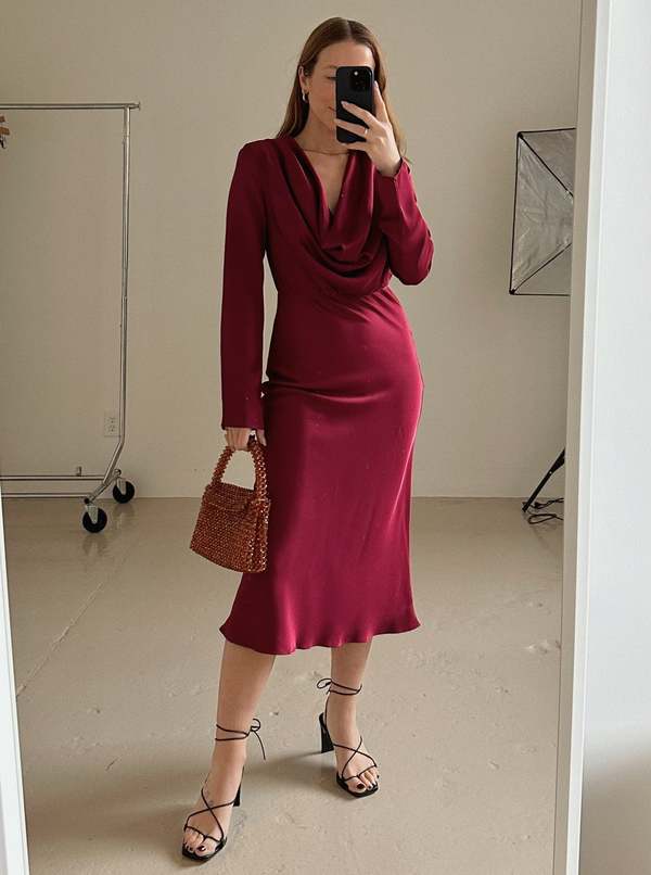 Giselle Wine Satin Long Sleeve Midi Dress | Garmentory