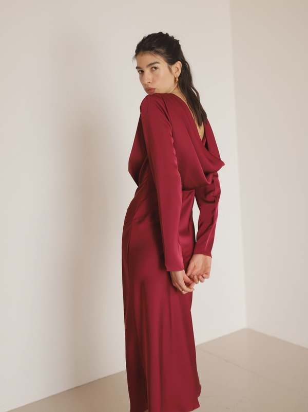 Giselle Wine Satin Long Sleeve Midi Dress | Garmentory