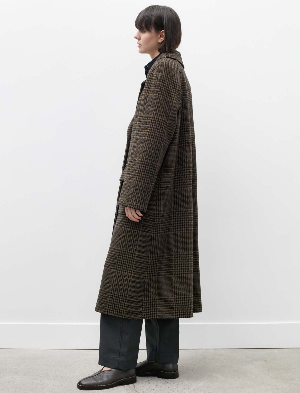 Margaret Howell Milled Check Wool Raglan Overcoat - Black/Olive