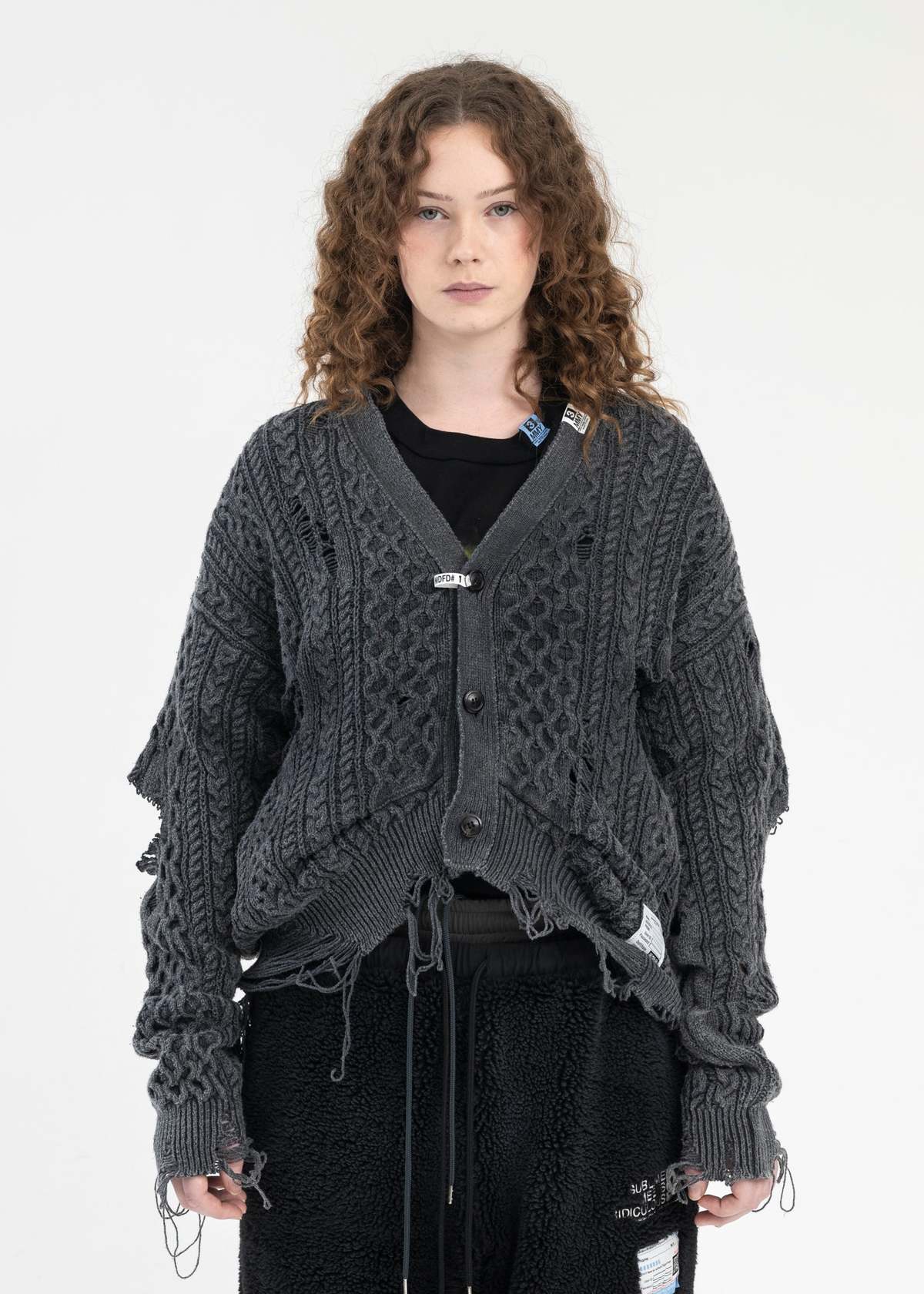 Mihara Yasuhiro Over Dyed Distreseed Knit Cable Cardigan - Black