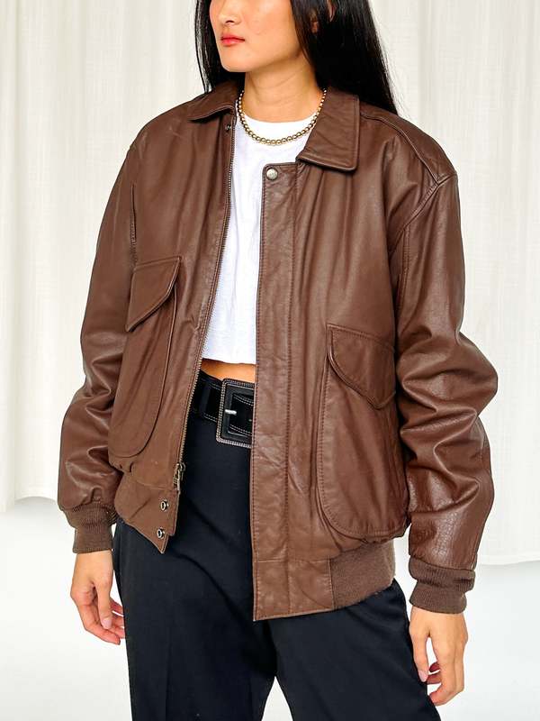 Leather Bomber Jacket - Brown | Garmentory
