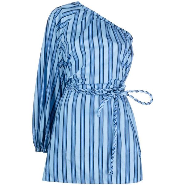strapless open back dress Blue & White Cabana Striped Midi Dress