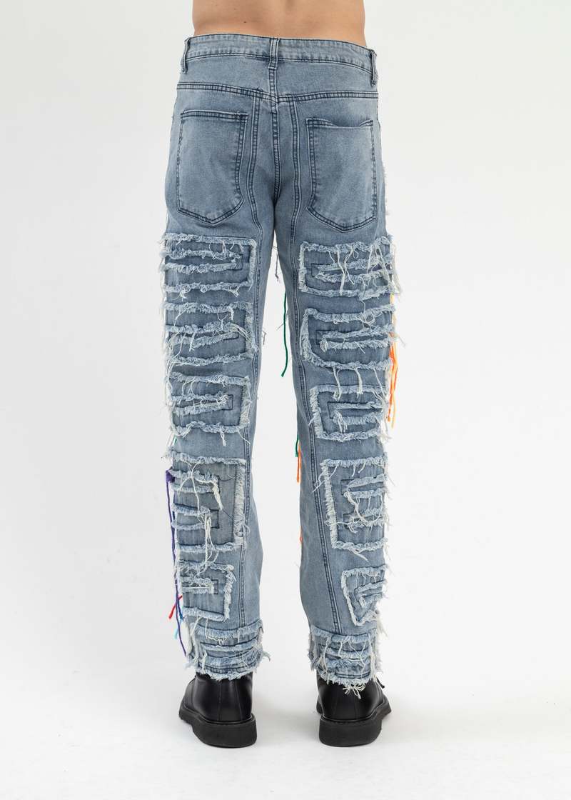 Richgainer Embroidery Patchwork Distreseed Jeans - Blue Multi