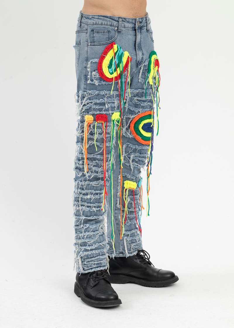 Richgainer Embroidery Patchwork Distreseed Jeans - Blue Multi
