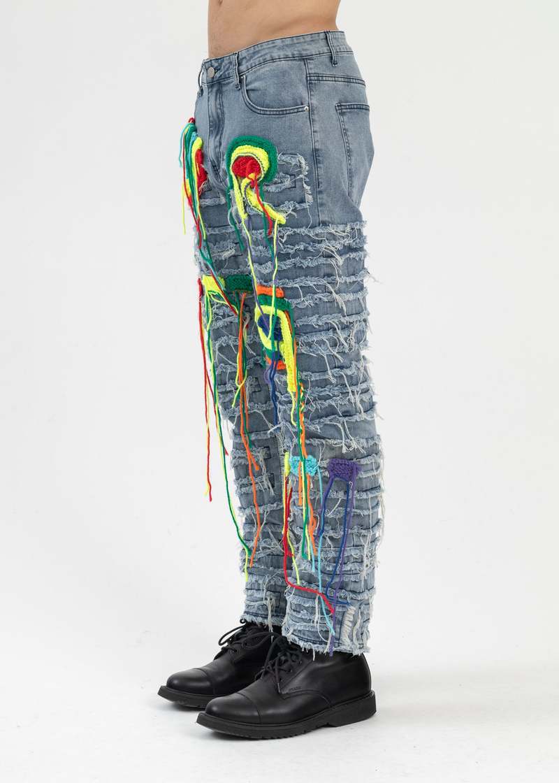 Richgainer Embroidery Patchwork Distreseed Jeans - Blue Multi