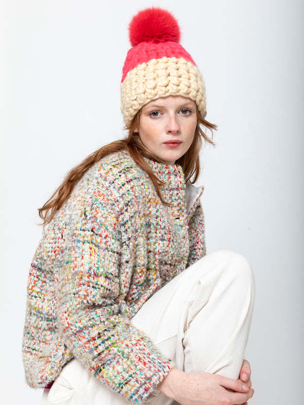 Mischa Lampert Color Block Beanie w/ white fur pom Mischa Lampert XL pom color block beanie - Marzipan/white  main image 4