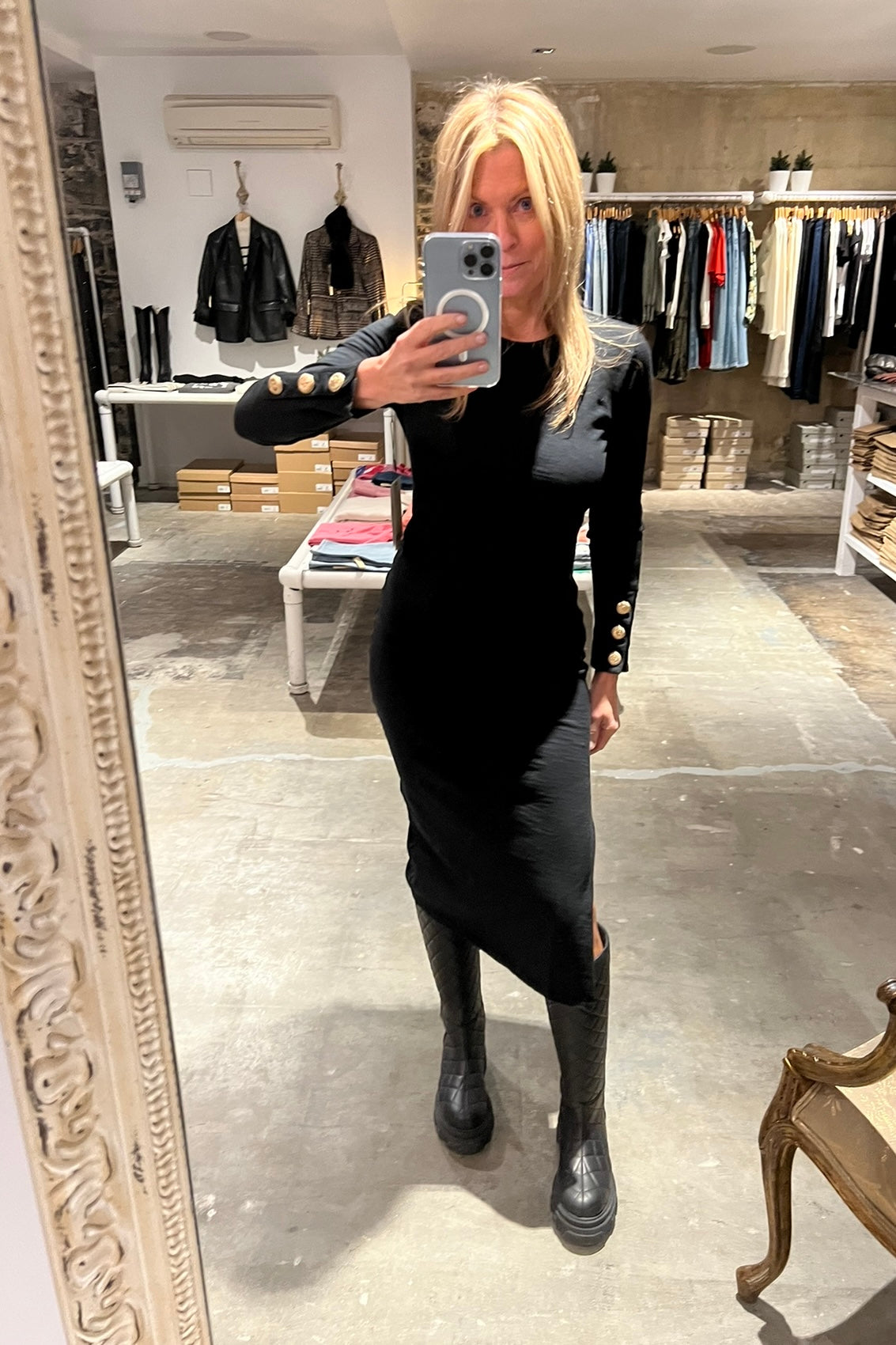 slim fit dress slacks Black Knit Dress with Gold Buttons – Aleeza Paris