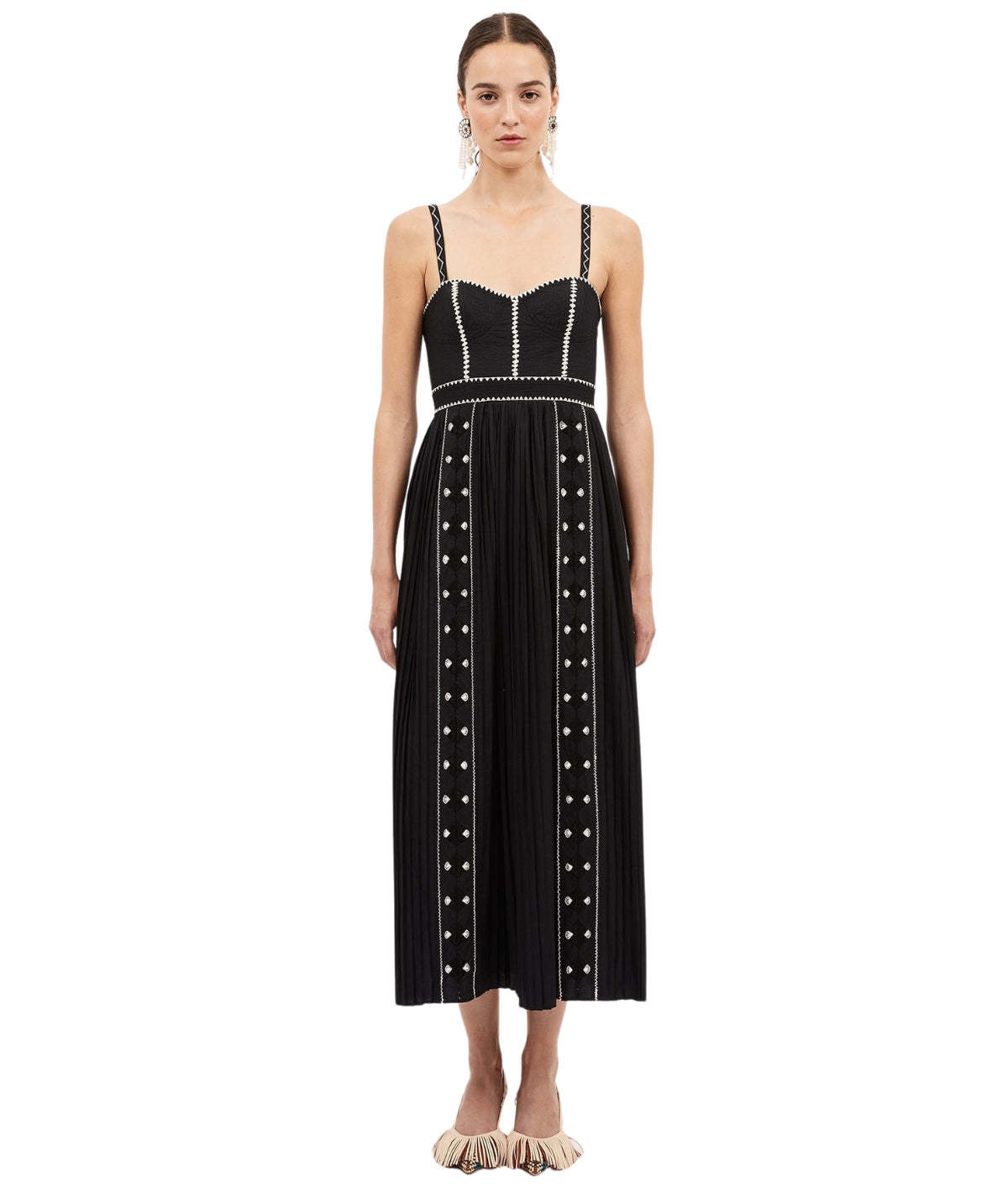 elin cotton embroidered maxi dress ULLA JOHNSON Elin Embroidered Pleated Cotton Dress