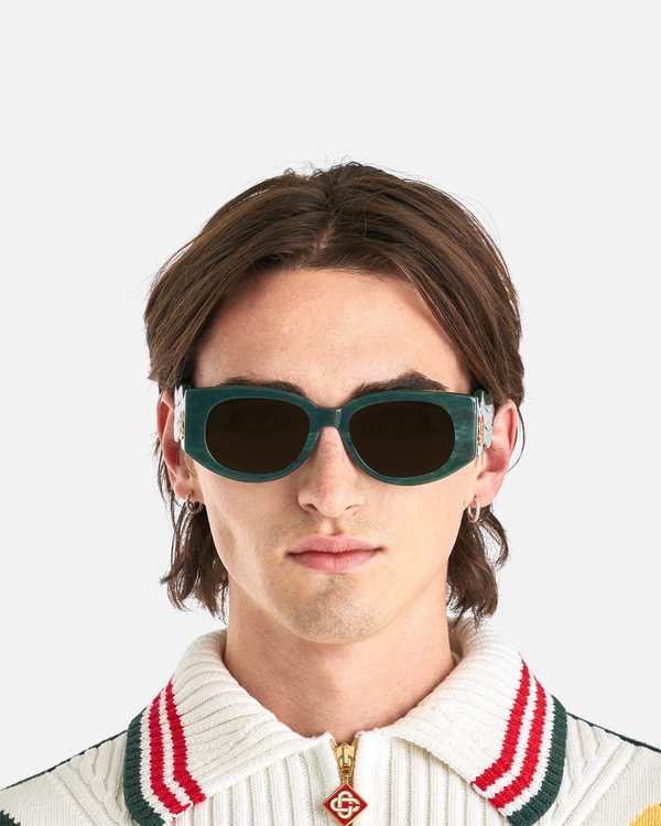Casablanca Acetate & Metal Oval Wave Sunglasses - Green Marble