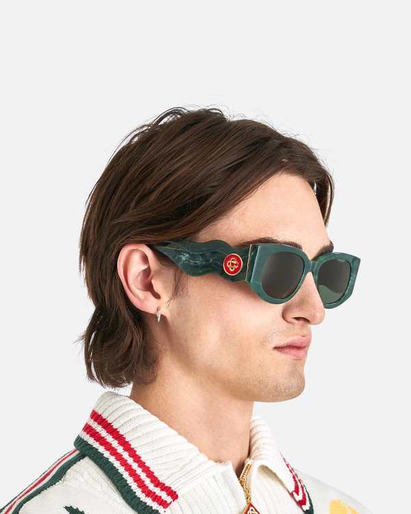 サングラス Wave Sunglasses - Casablanca - Acetate - Beige Acetate & Metal Wave Oval Sunglasses in Creme/Solid Green – SVRN