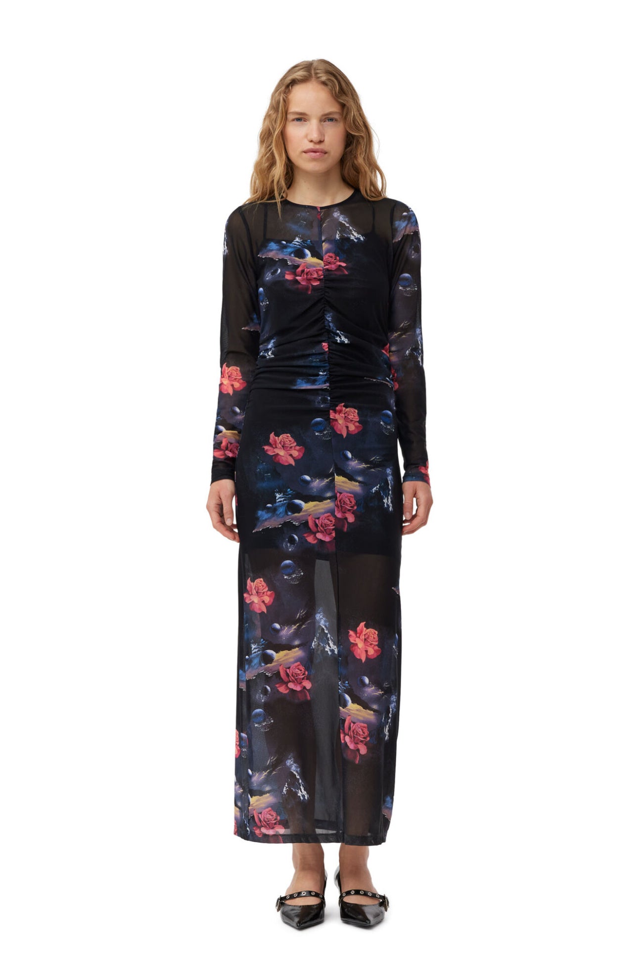 knee length dresses for ladies Printed Mesh O-neck Ruched Long Dress