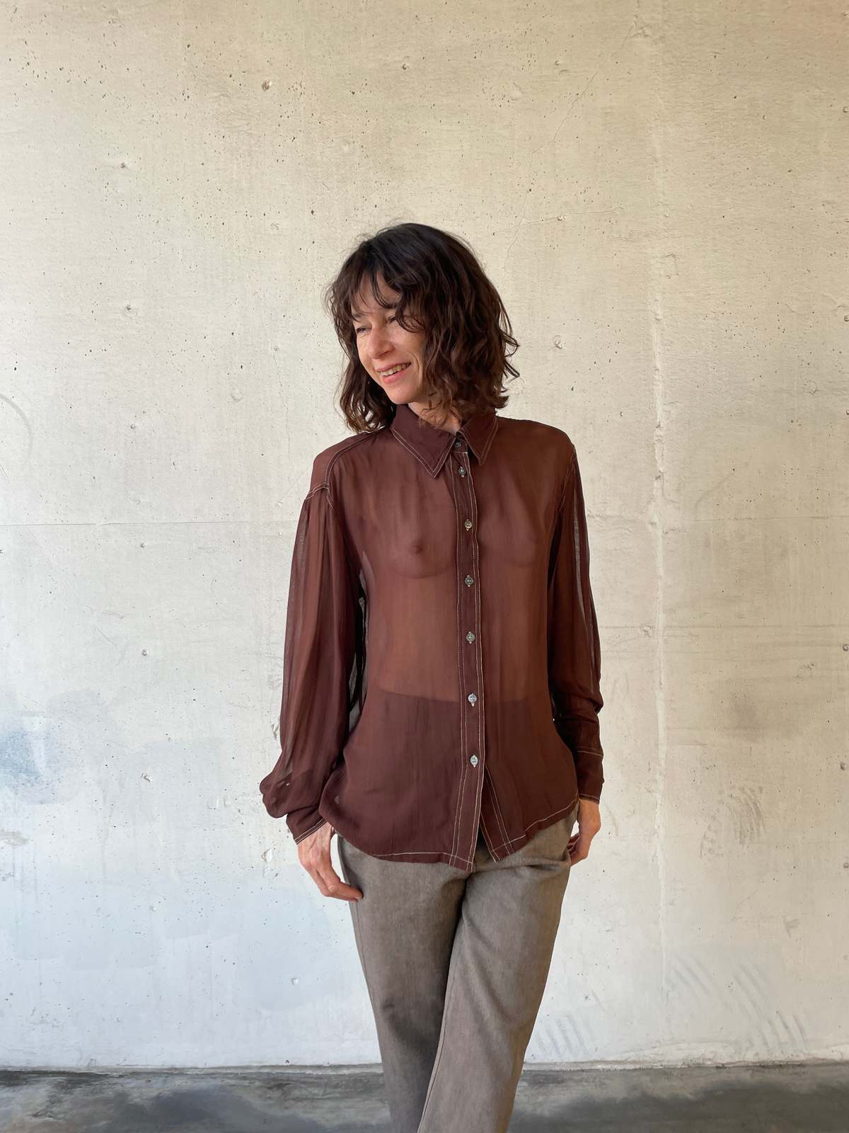 1990s Sheer Blouse with White Top Stitching - Brown | Garmentory
