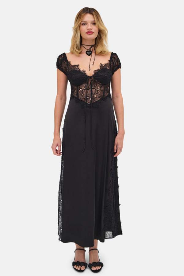 knee length dresses for ladies For Love & Lemons Poppy Pleated Lace Maxi Dress / Black – Posh Boutique  Nashville main image 1