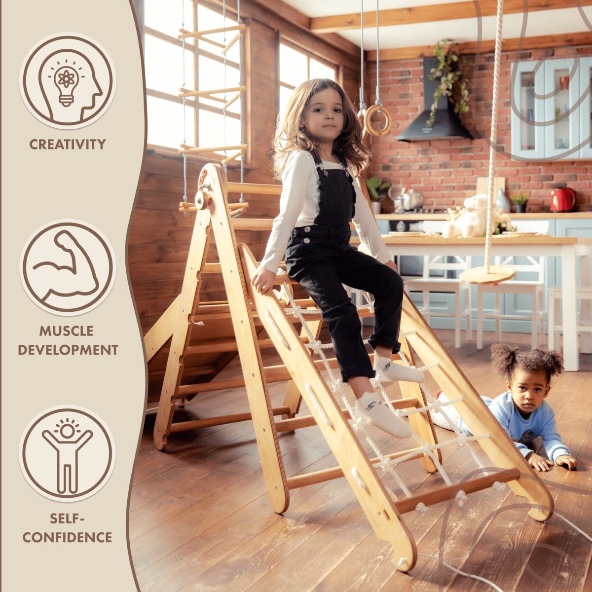 3in1 Montessori Climbing Frame Set: Triangle Ladder + Net + Slide Board ...