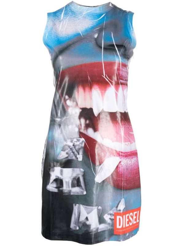 diesel fall 2023 blue dress DIESEL D-FACES MINI DRESS WITH CLOSE-UP FACE PRINT on Garmentory