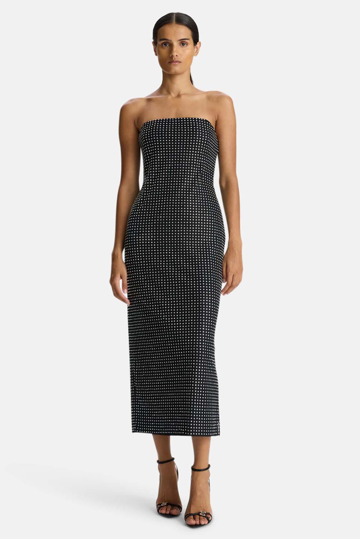 Elizabeth Rhinestone Mesh Midi Dress Black/Silver | Garmentory