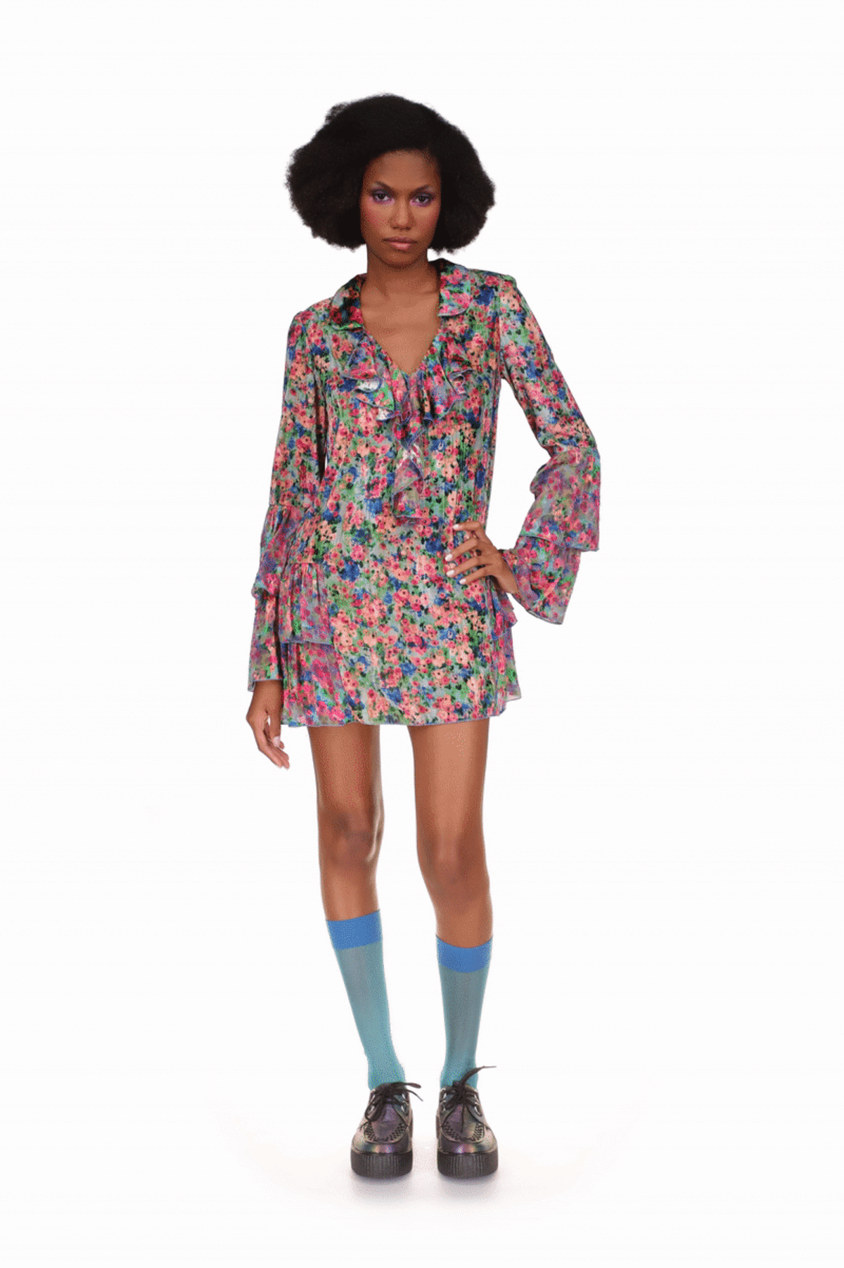 Anna Sui Giverny Combo Ruffled Tunic - Dusty Blue Multi - Image 2 of 7