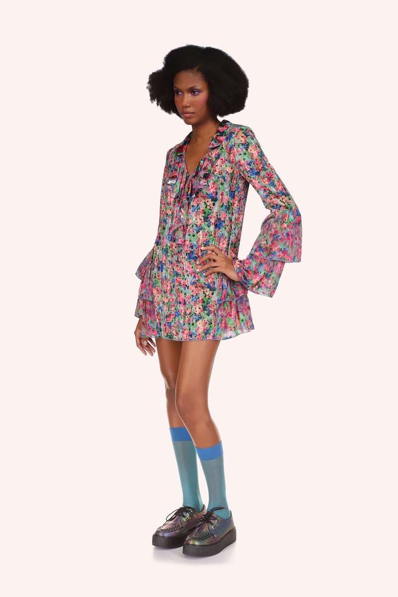 Anna Sui Giverny Combo Ruffled Tunic - Dusty Blue Multi