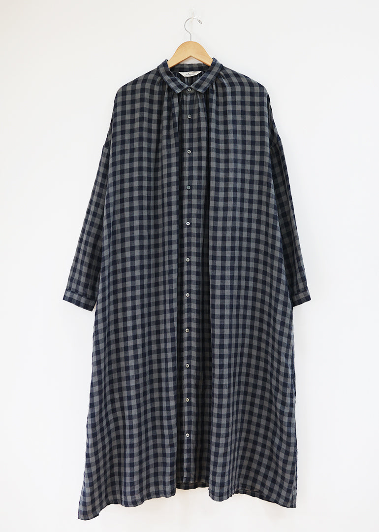 Ichi Antiquites Azumadaki Linen Gingham Dress - Charcoal | Garmentory 