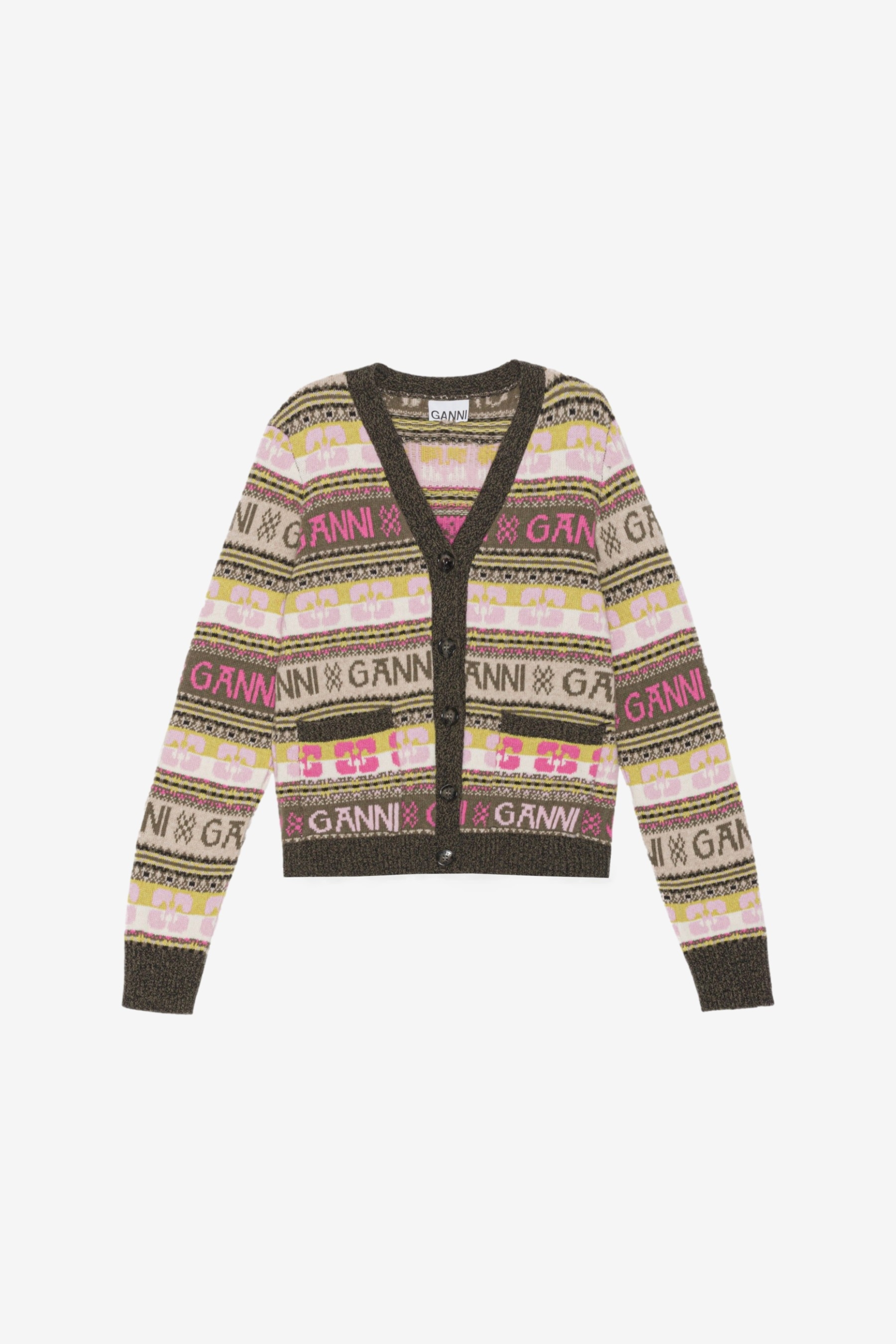 GANNI◆カーディガン(厚手)/S/ウール/PNK/総柄/K1959/Logo Wool Mix Cardigan Logo wool mix cardigan-ロゴウールミックスカーディガン-GANNI