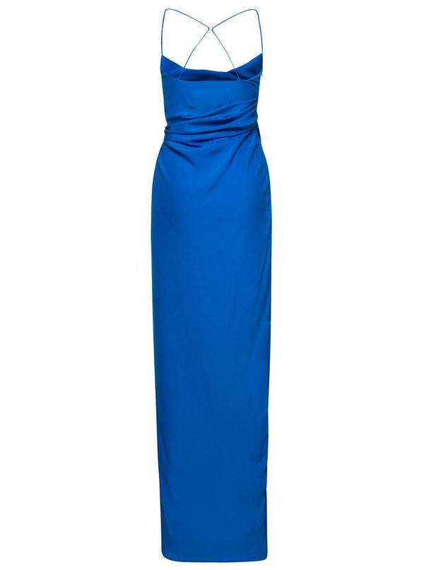 GAUGE81 Shiroi Long Blue Dress with Draped Neckline and Split - Blue | Garmentory GAUGE81 Shiroi Long Blue Dress with Draped Neckline and Split - Blue | Garmentory