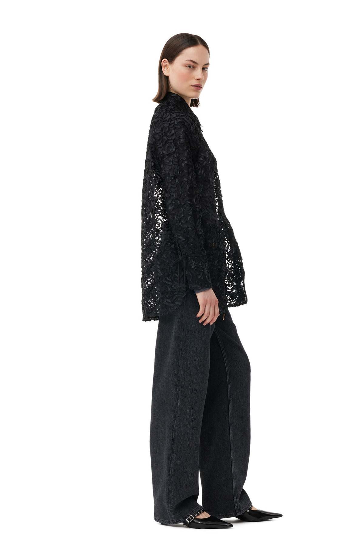Ganni Ribbon Tulle Ragland Shirt - Black | Garmentory