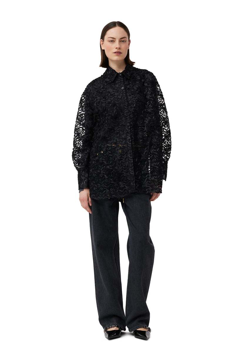 Ganni Ribbon Tulle Ragland Shirt - Black | Garmentory