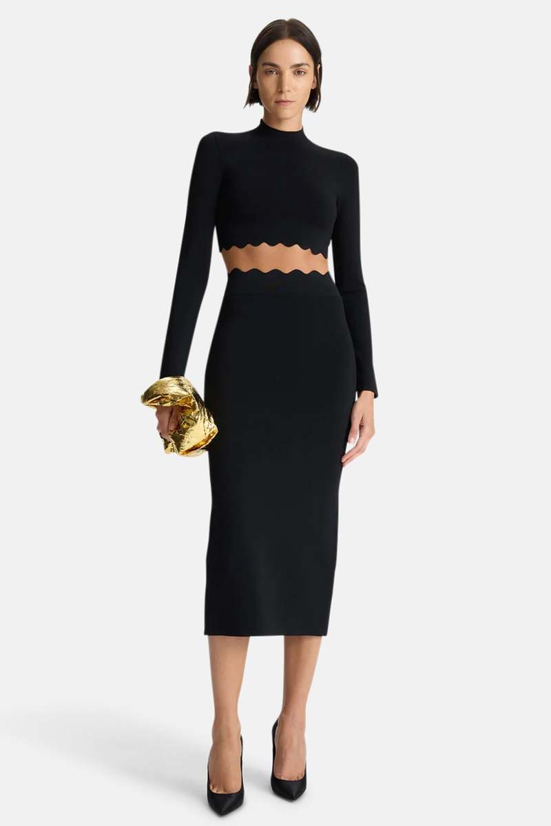 A.L.C. Quincy Scalloped Knit Midi Skirt - Black | Garmentory