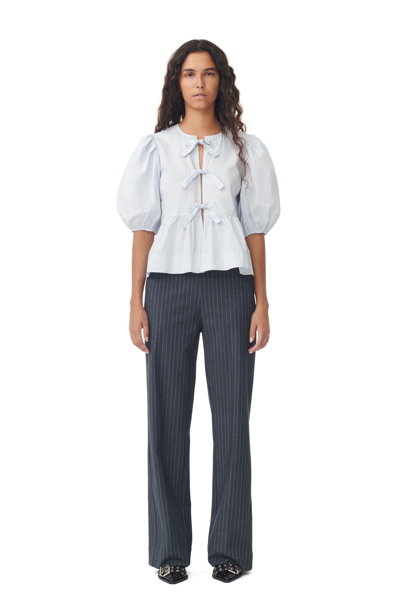 Ganni Stretch Stripe Mid Waist Pants - Gray Pinstripe
